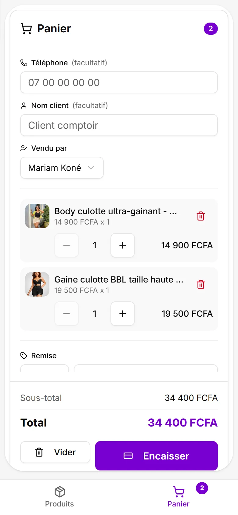 Panier de la vente en magasin : deux articles avec leur photo, client comptoir, total et bouton Encaisser.