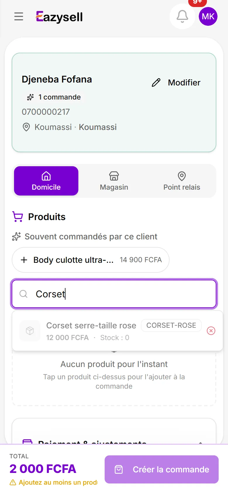 Recherche de produit dans une commande : le corset en rupture (« Stock : 0 ») est grisé et ne peut pas être ajouté.