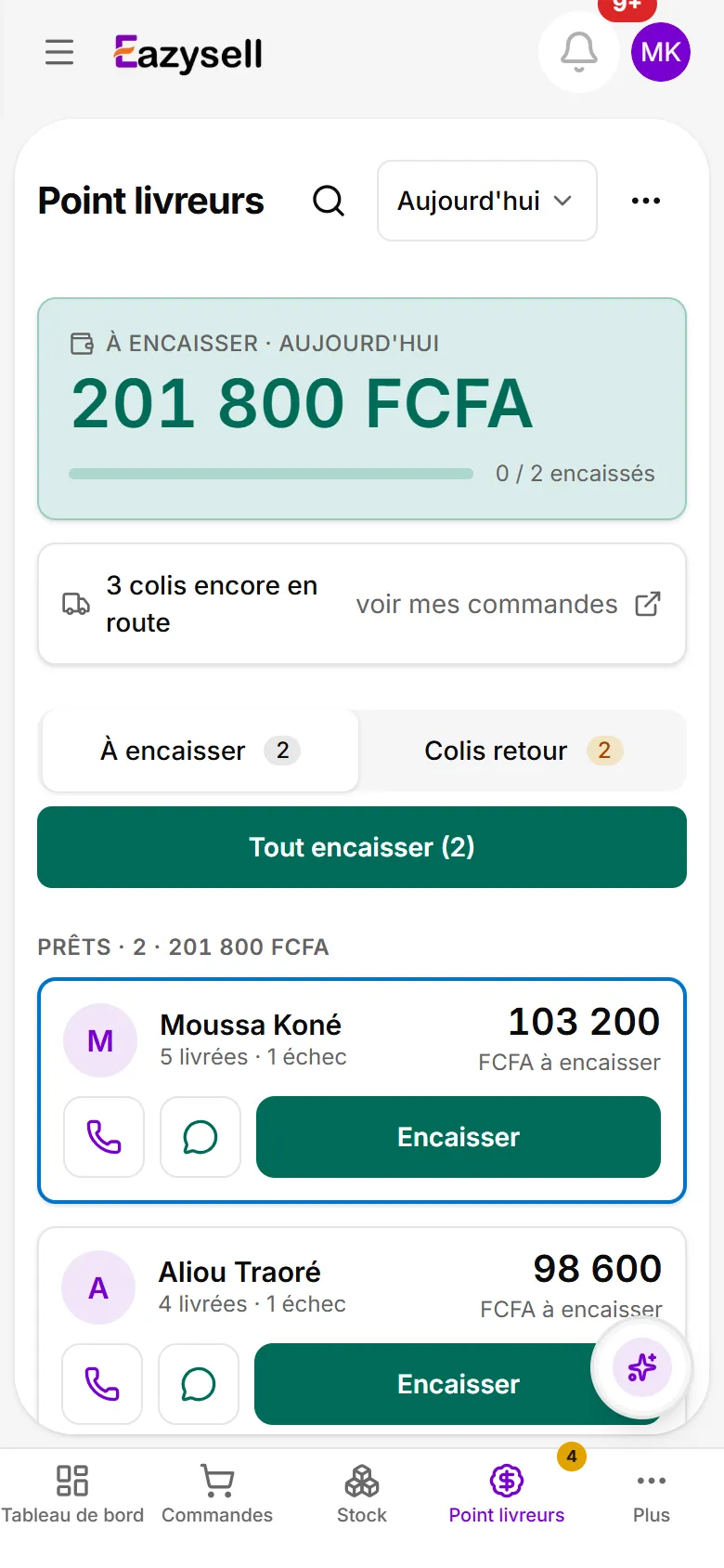 Point livreurs : pour chaque livreur, les colis livrés, les retours et l’argent à encaisser.