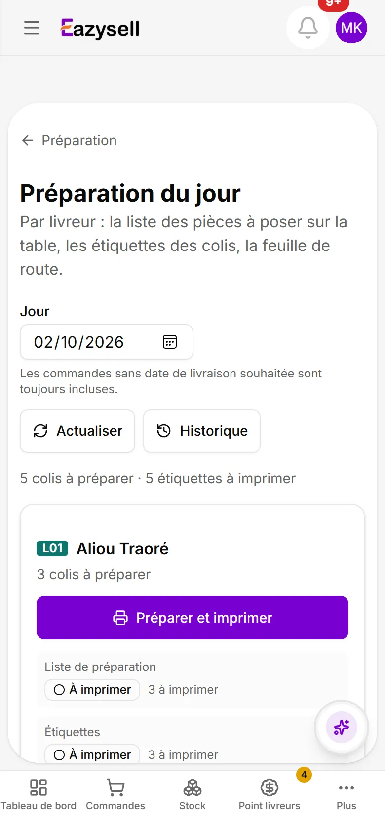 Préparation du jour : les commandes regroupées par livreur, avec la liste des pièces, les étiquettes et la feuille de route.