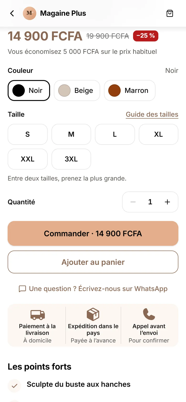 Choix de la couleur et de la taille sur la fiche produit, guide des tailles et bouton Commander avec le total.