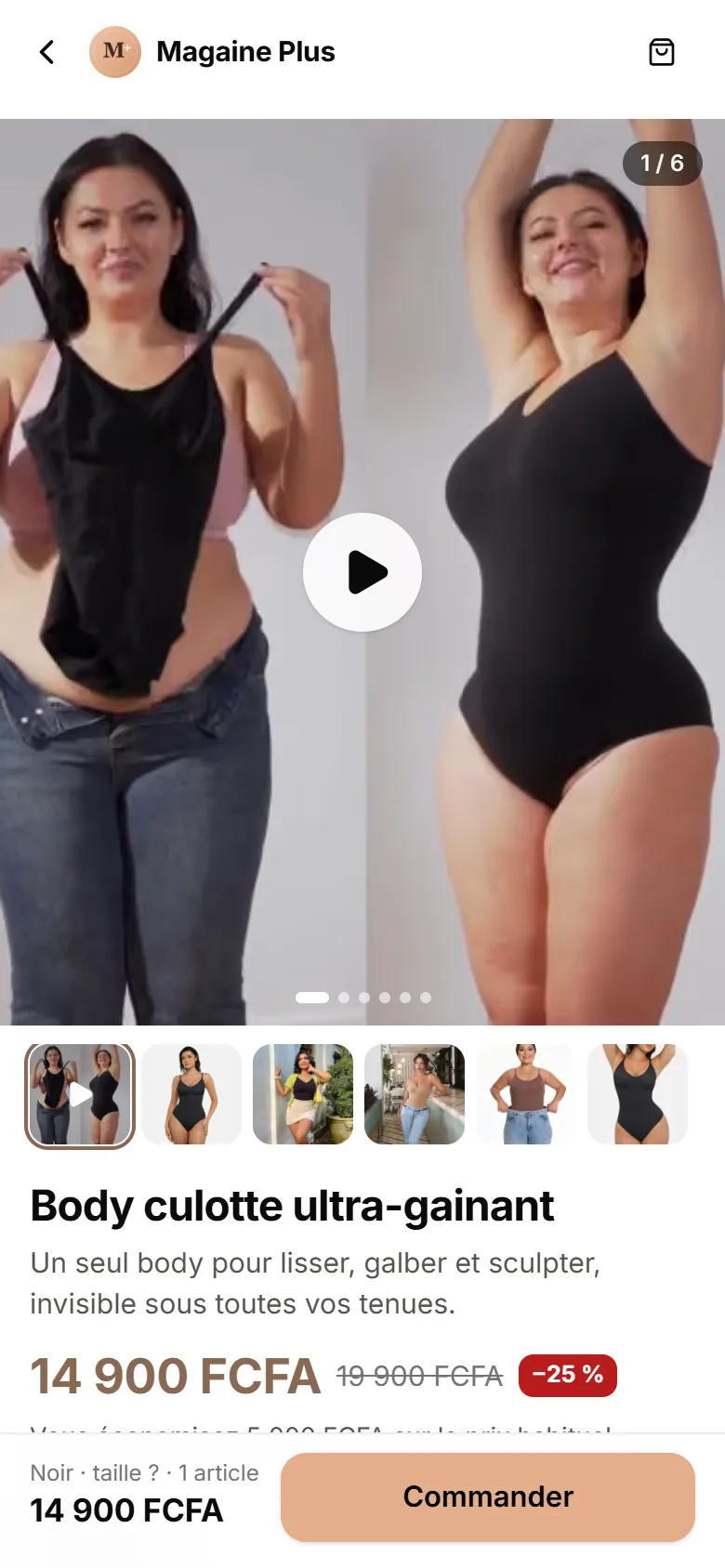 Fiche produit « Body culotte ultra-gainant » sur téléphone : photos, prix barré, remise et bouton Commander.